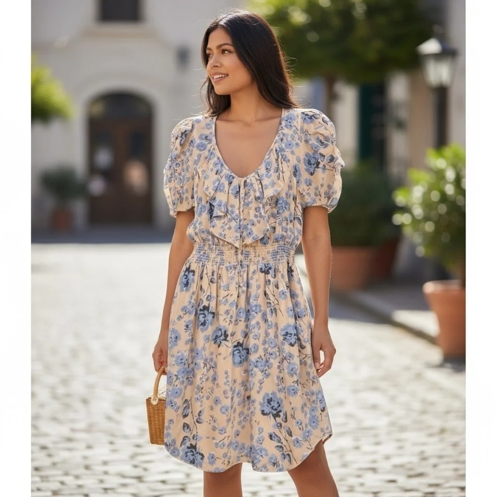 Rebecca Taylor Silk Floral Ruffle Mini Dress Blue and Pink size 4